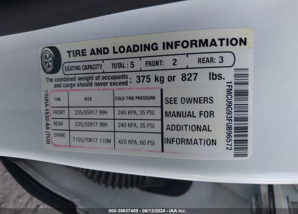 2015 FORD ESCAPE SE VIN: 1FMCU9G93FUB96572