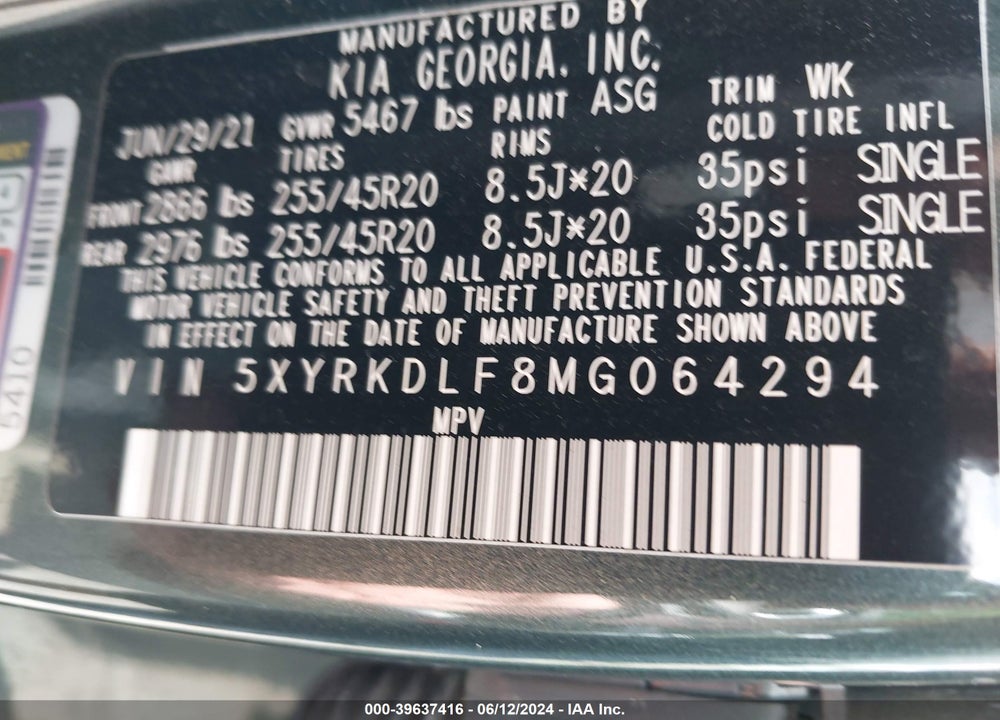 2021 KIA SORENTO SX PRESTIGE VIN: 5XYRKDLF8MG064294