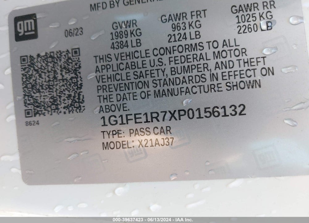 2023 CHEVROLET CAMARO RWD LT1 VIN: 1G1FE1R7XP0156132