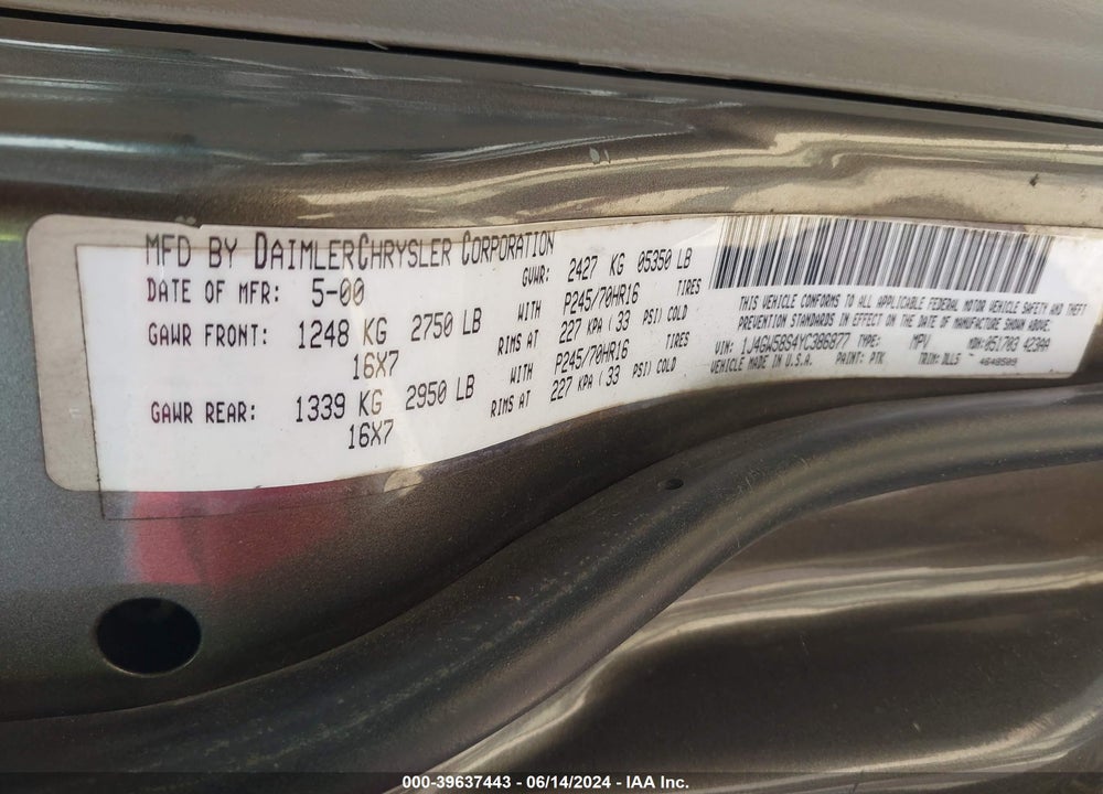 2000 JEEP GRAND CHEROKEE LIMITED VIN: 1J4GW58S4YC386877