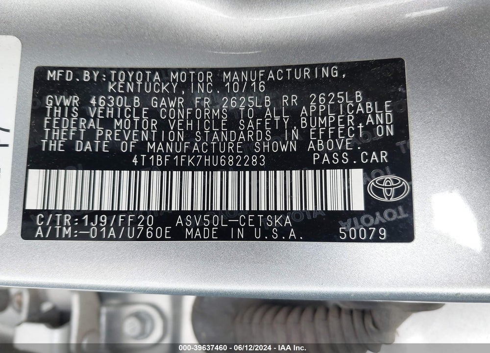 2017 TOYOTA CAMRY SE VIN: 4T1BF1FK7HU682283