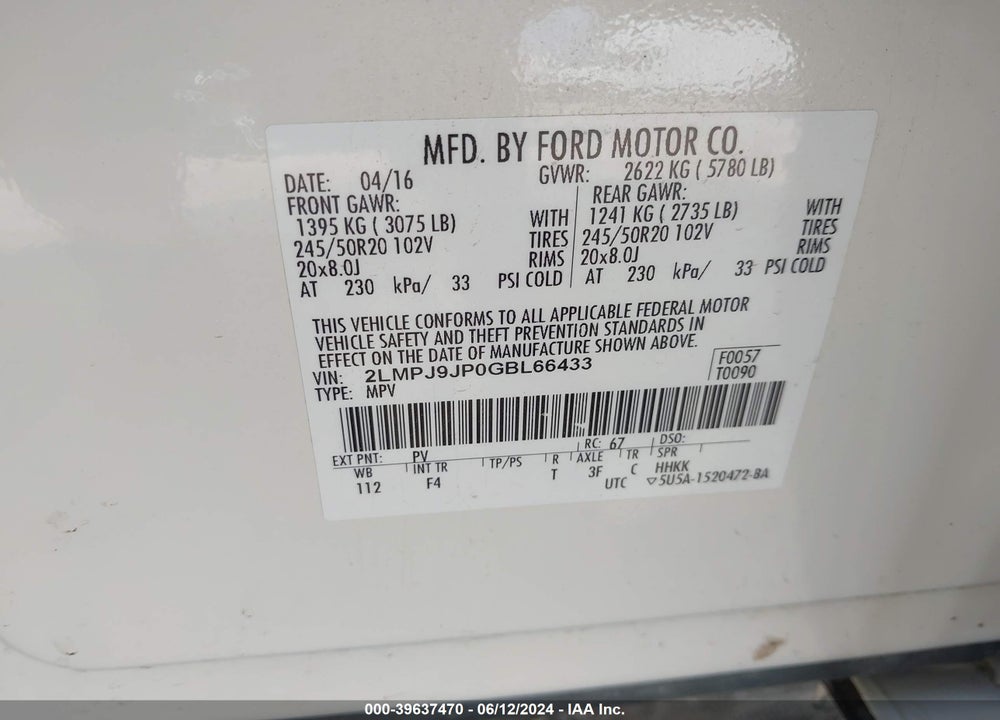 2016 LINCOLN MKX BLACK LABEL VIN: 2LMPJ9JP0GBL66433