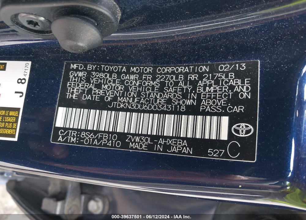 2013 TOYOTA PRIUS VIN: JTDKN3DU6D0343118