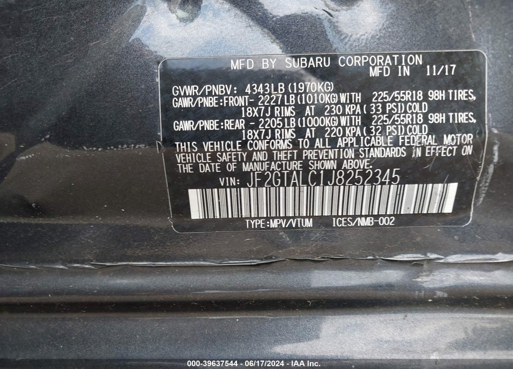 2018 SUBARU CROSSTREK 2.0I LIMITED VIN: JF2GTALC1J8252345
