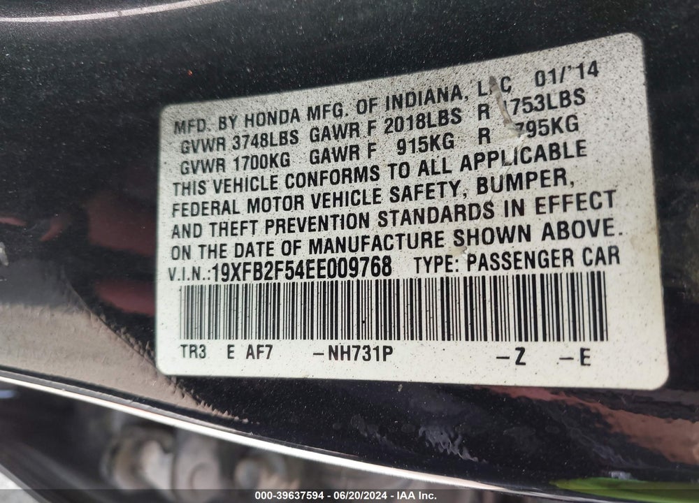 2014 HONDA CIVIC LX VIN: 19XFB2F54EE009768