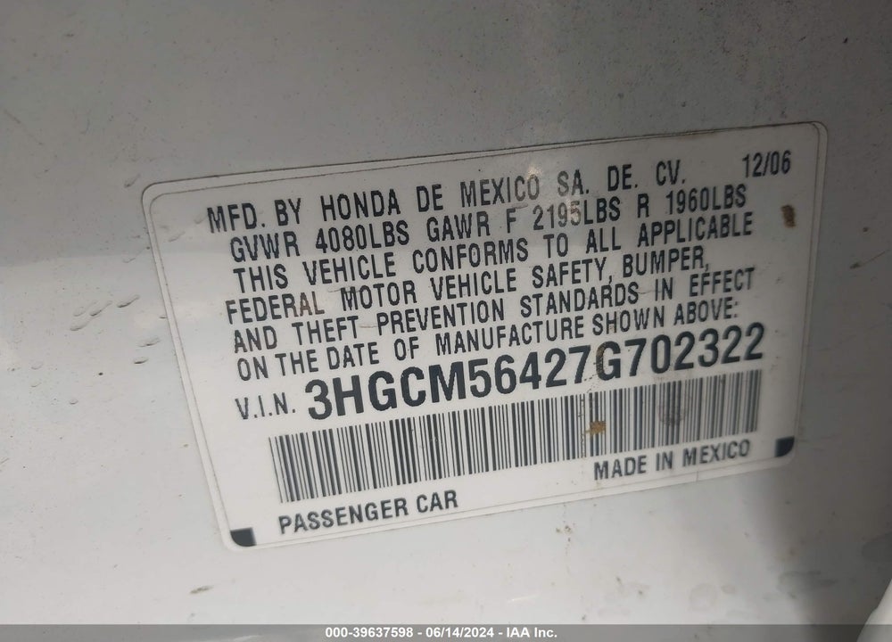 2007 HONDA ACCORD 2.4 LX VIN: 3HGCM56427G702322