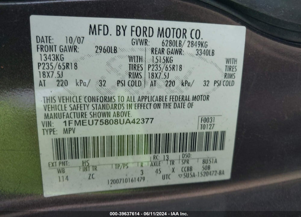 2008 FORD EXPLORER LIMITED VIN: 1FMEU75808UA42377