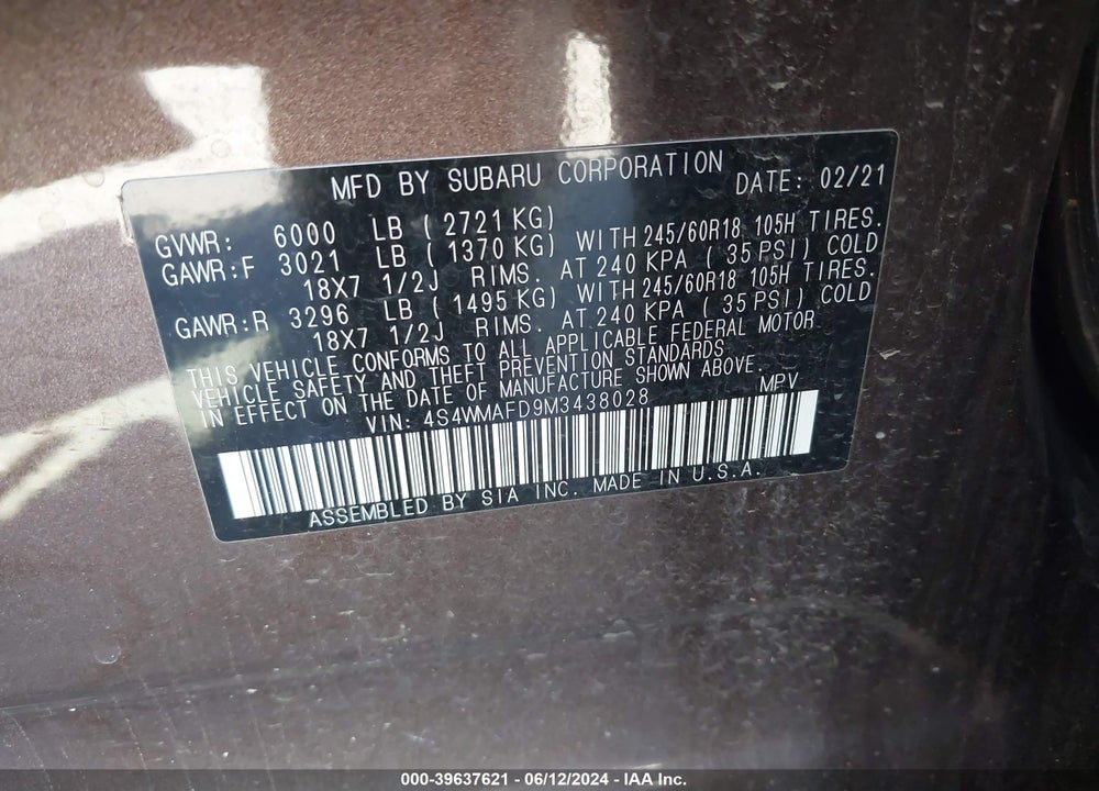 2021 SUBARU ASCENT PREMIUM VIN: 4S4WMAFD9M3438028