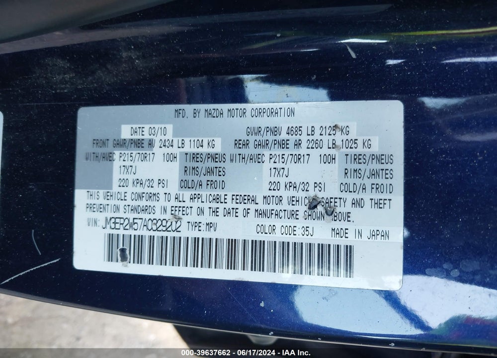 2010 MAZDA CX-7 I SPORT VIN: JM3ER2W57A0329202