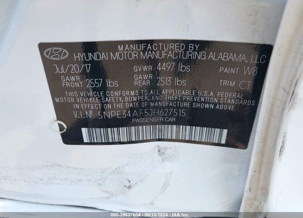 2018 HYUNDAI SONATA SPORT VIN: 5NPE34AF5JH627515
