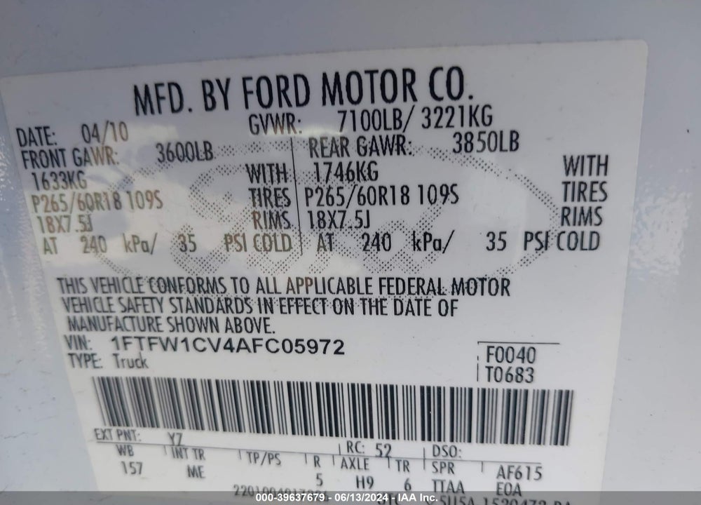 2010 FORD F-150 FX2 SPORT/HARLEY-DAVIDSON/KING RANCH/LARIAT/PLATINUM/XL/XLT VIN: 1FTFW1CV4AFC05972