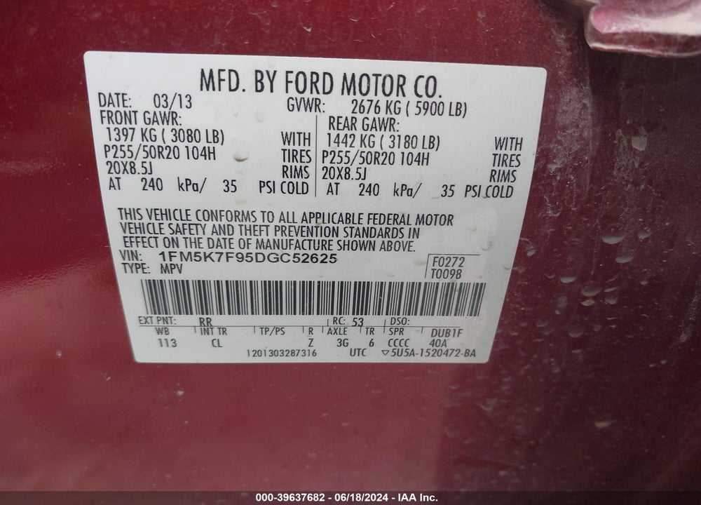 2013 FORD EXPLORER LIMITED VIN: 1FM5K7F95DGC52625