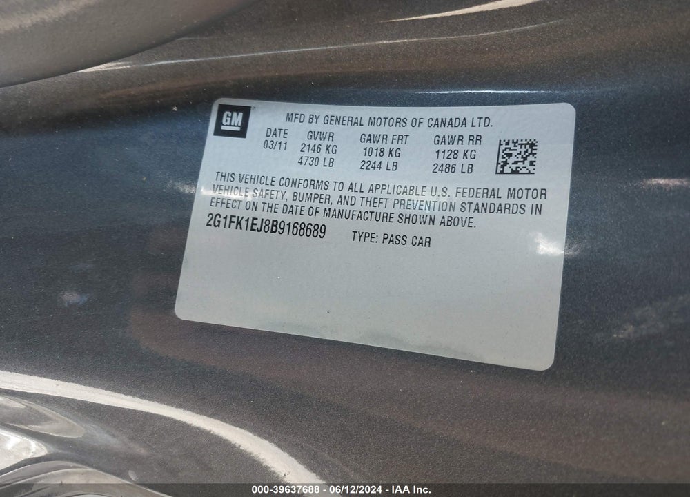2011 CHEVROLET CAMARO 2SS VIN: 2G1FK1EJ8B9168689