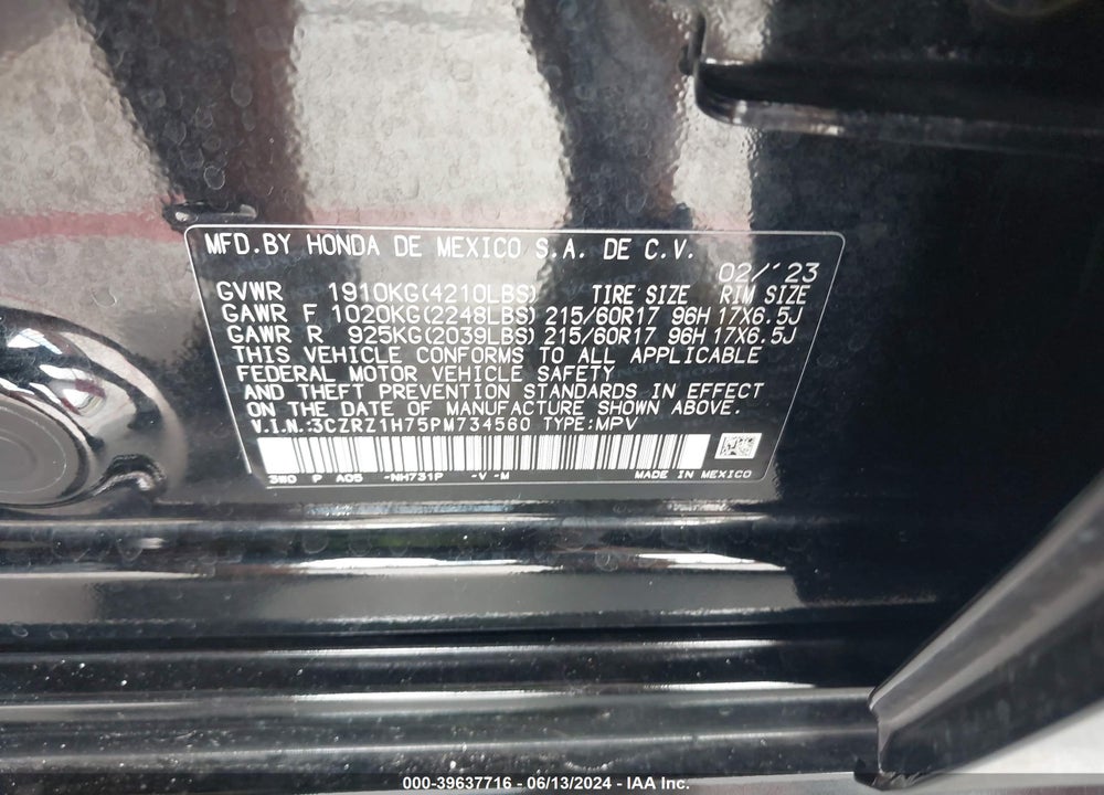 2023 HONDA HR-V 2WD EX-L VIN: 3CZRZ1H75PM734560