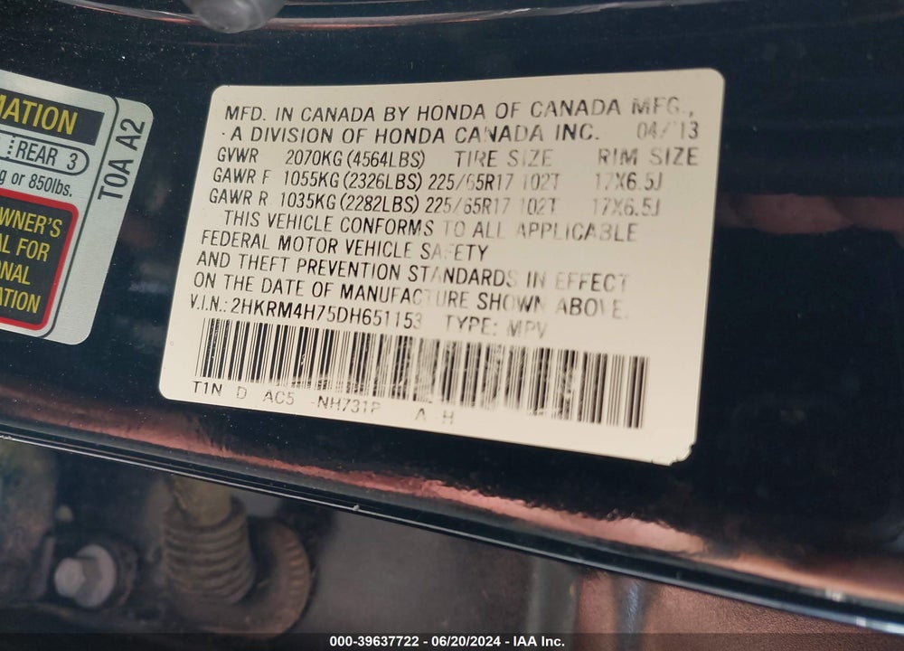 2013 HONDA CR-V EX-L VIN: 2HKRM4H75DH651153