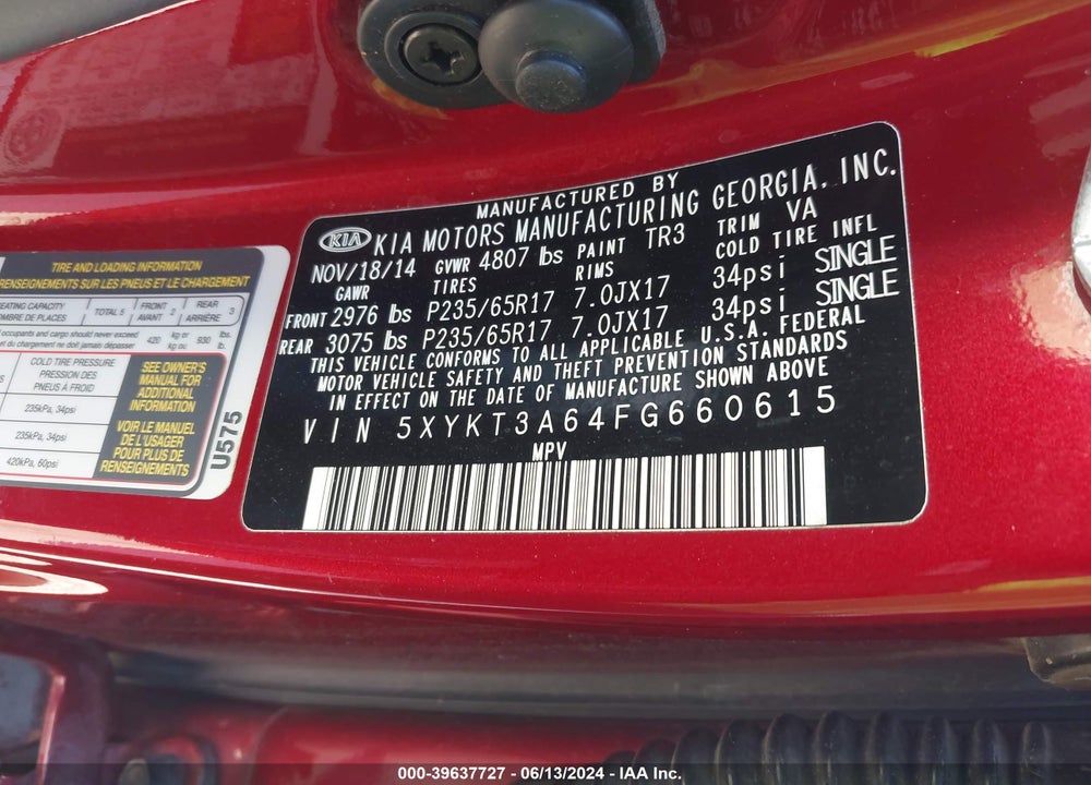 2015 KIA SORENTO LX VIN: 5XYKT3A64FG660615
