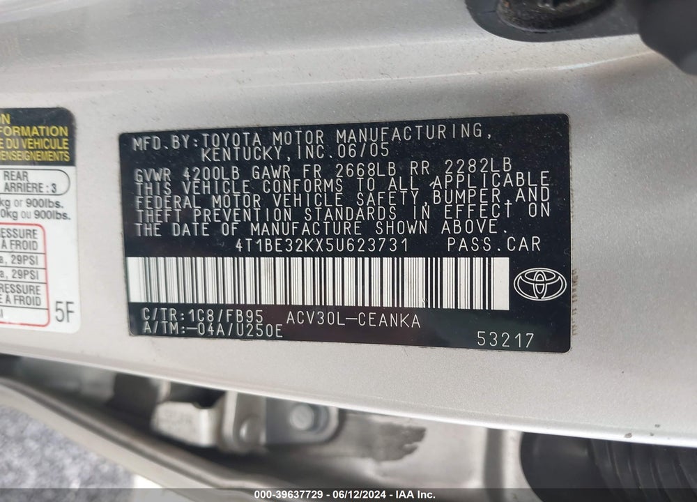 2005 TOYOTA CAMRY VIN: 4T1BE32KX5U623731