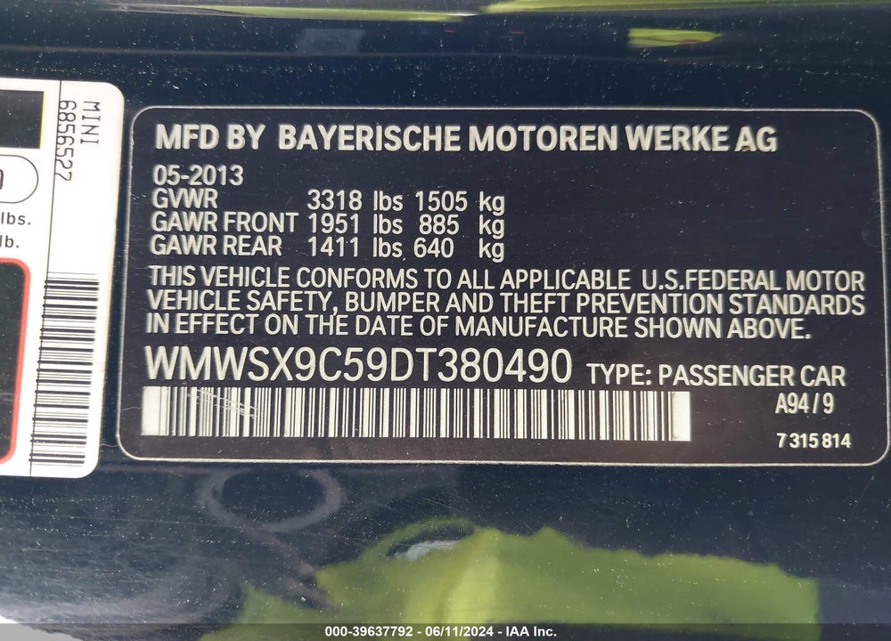 2013 MINI COUPE JOHN COOPER WORKS VIN: WMWSX9C59DT380490