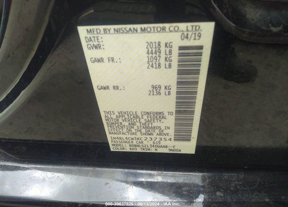 2019 NISSAN ALTIMA 2.5 SR VIN: 1N4BL4CW3KC237354