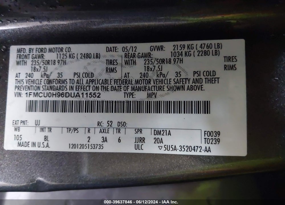 2013 FORD ESCAPE SEL VIN: 1FMCU0H96DUA11552