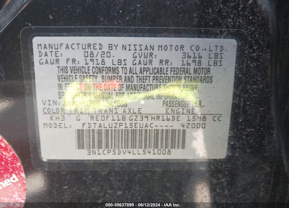 2020 NISSAN KICKS SR XTRONIC CVT VIN: 3N1CP5DV4LL541008