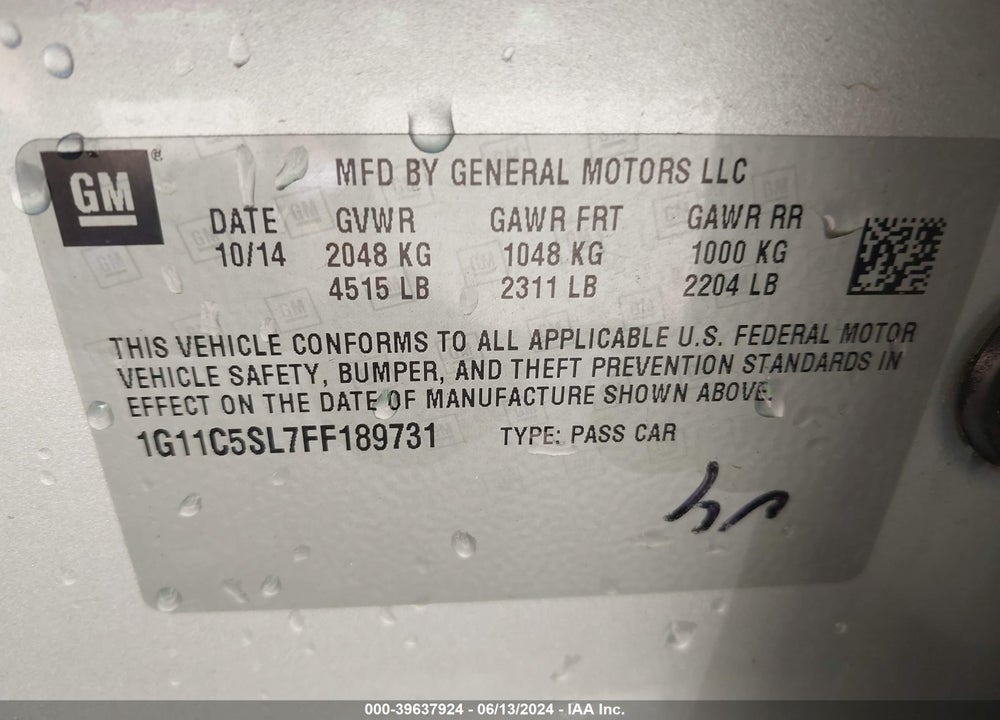 2015 CHEVROLET MALIBU 1LT VIN: 1G11C5SL7FF189731