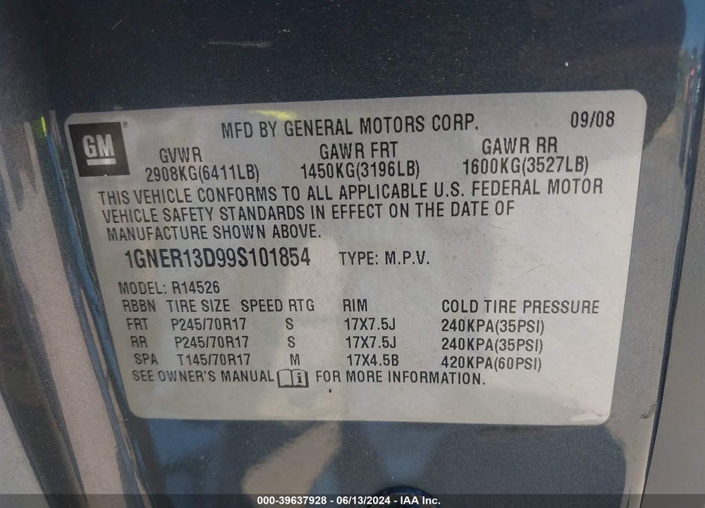 2009 CHEVROLET TRAVERSE LS VIN: 1GNER13D99S101854