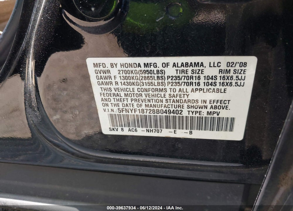 2008 HONDA PILOT EX-L VIN: 5FNYF18728B049402