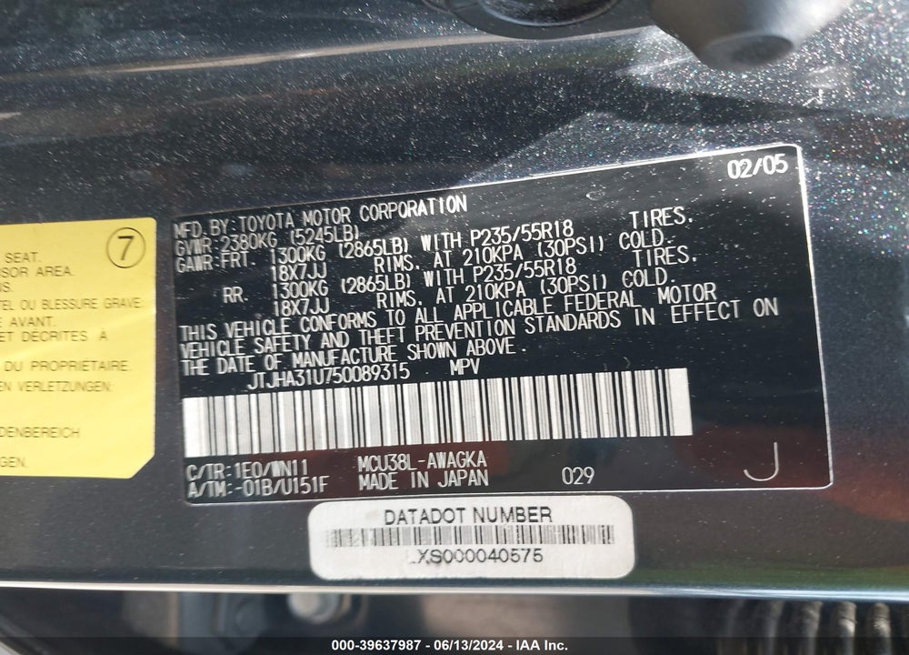 2005 LEXUS RX 330 VIN: JTJHA31U750089315