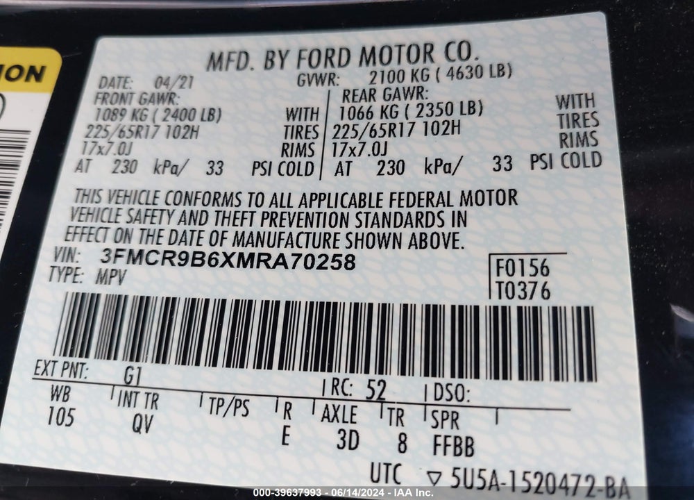 2021 FORD BRONCO SPORT BIG BEND VIN: 3FMCR9B6XMRA70258