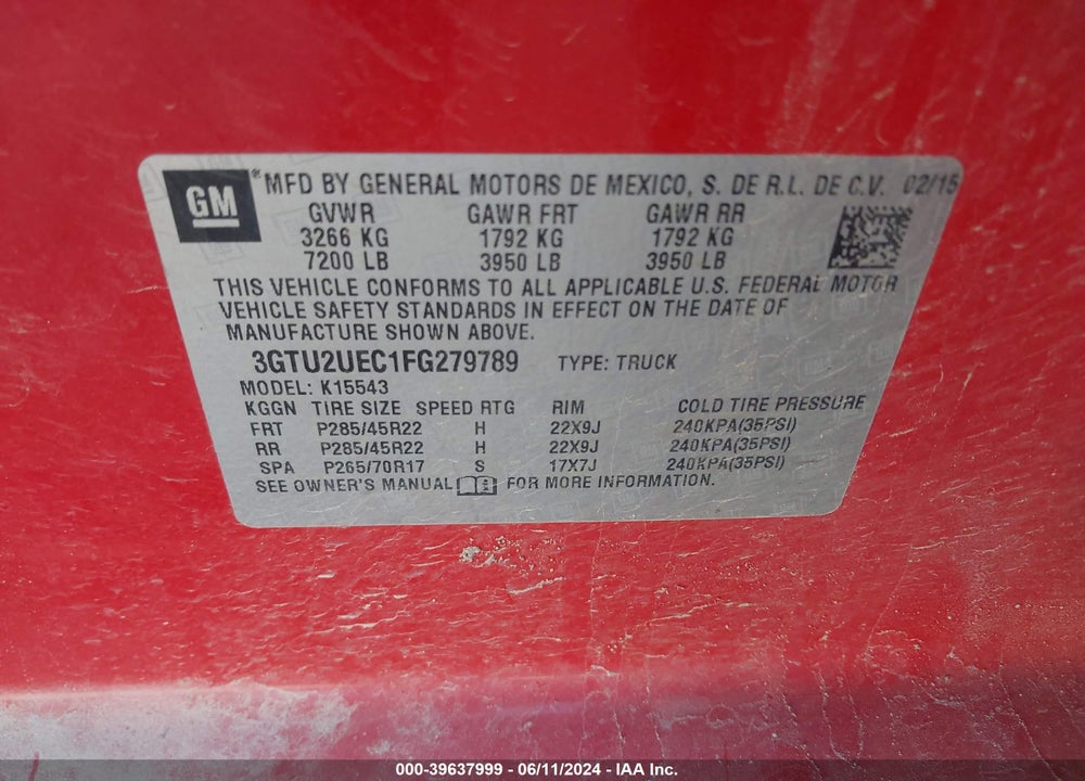 2015 GMC SIERRA 1500 SLE VIN: 3GTU2UEC1FG279789