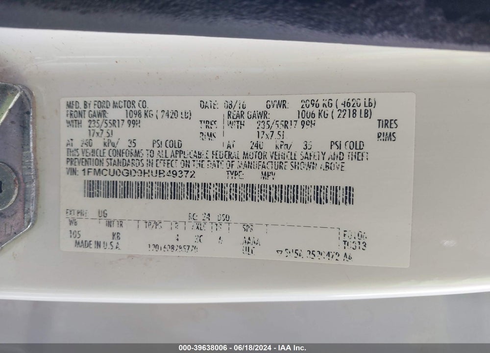 2017 FORD ESCAPE SE VIN: 1FMCU0GD9HUB49372
