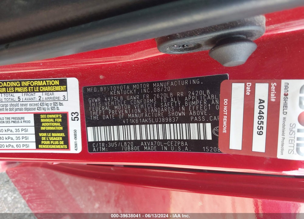 2020 TOYOTA CAMRY XSE VIN: 4T1K61AK5LU389837
