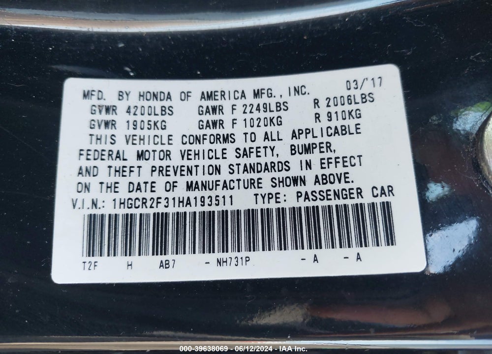 2017 HONDA ACCORD LX VIN: 1HGCR2F31HA193511