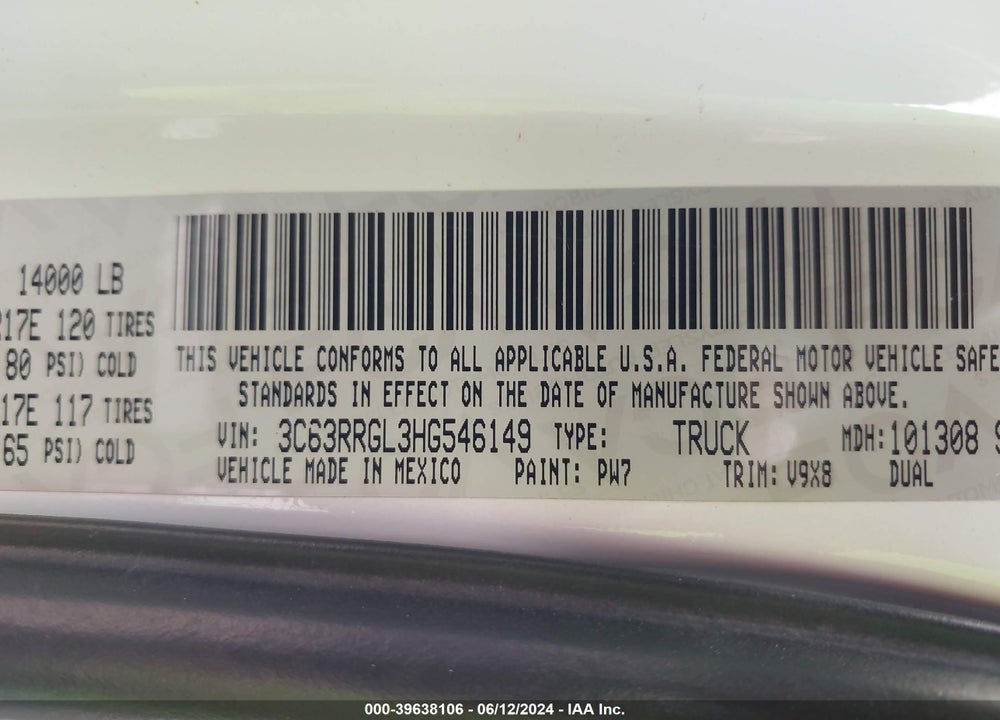 2017 RAM 3500 TRADESMAN  4X4 8' BOX VIN: 3C63RRGL3HG546149