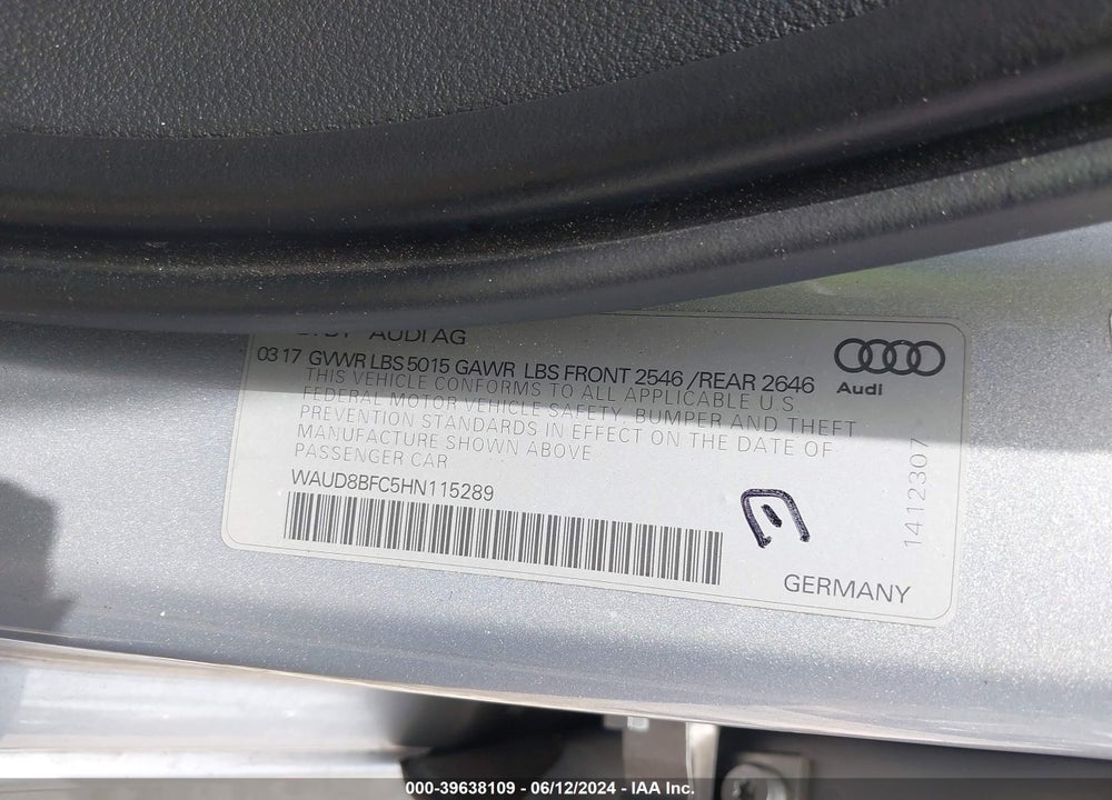2017 AUDI A6 2.0T PREMIUM VIN: WAUD8BFC5HN115289