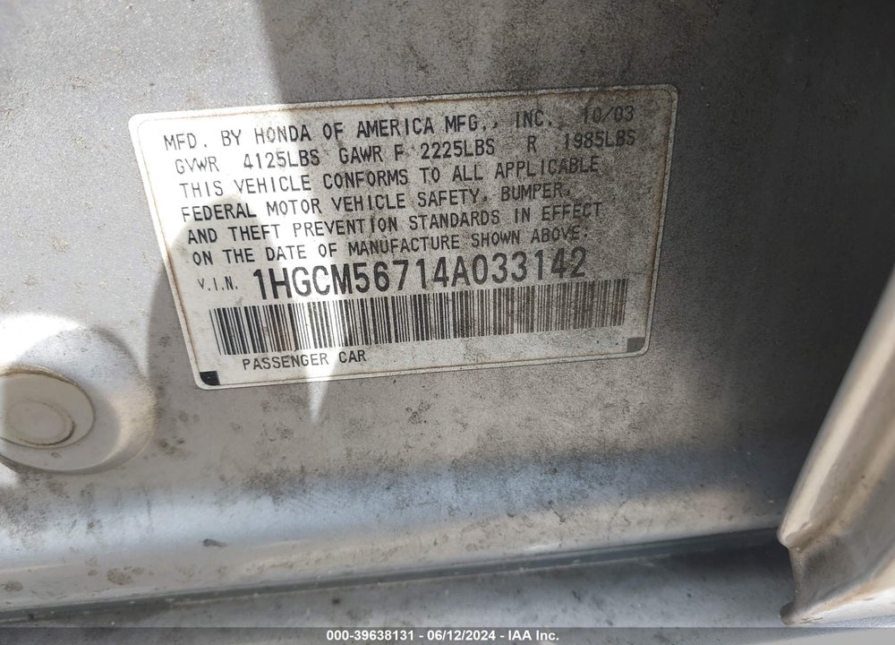 2004 HONDA ACCORD 2.4 EX VIN: 1HGCM56714A033142