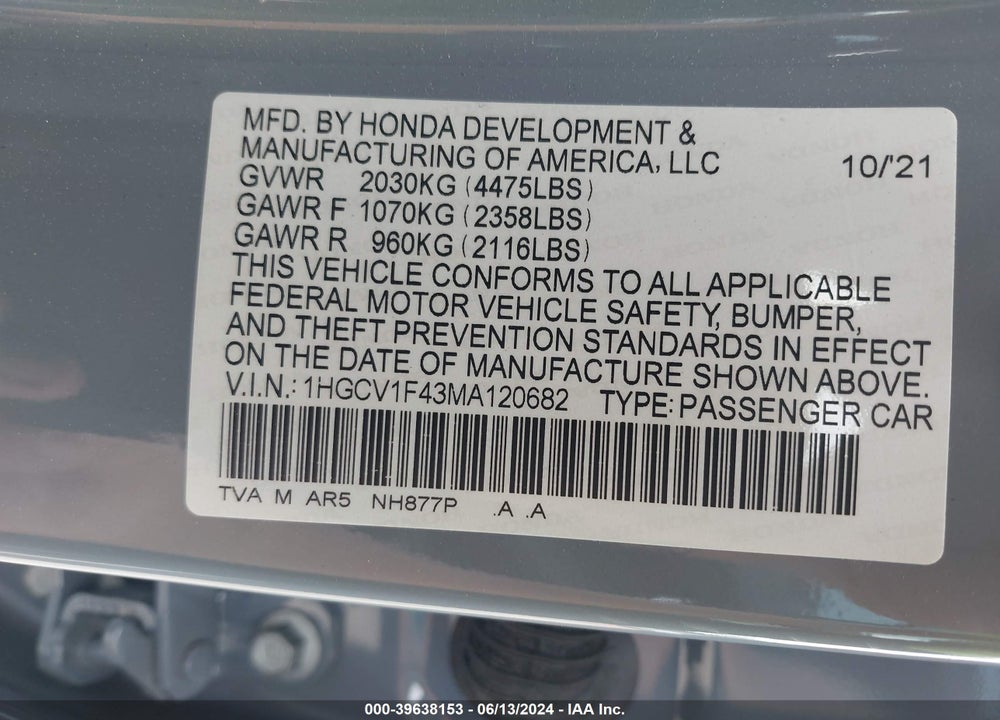 2021 HONDA ACCORD SPORT SPECIAL EDITION VIN: 1HGCV1F43MA120682