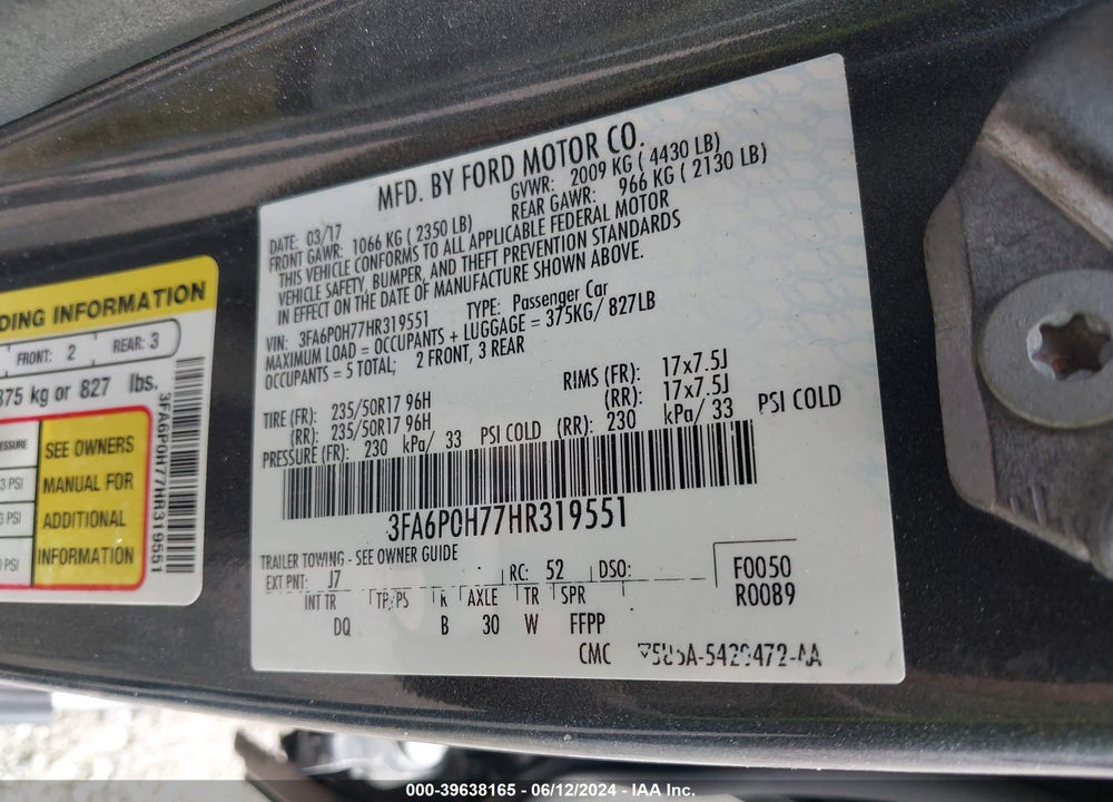 2017 FORD FUSION SE VIN: 3FA6P0H77HR319551