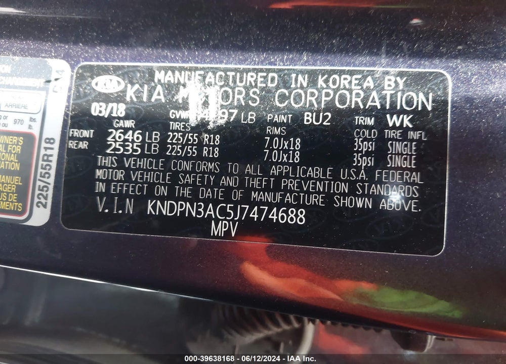 2018 KIA SPORTAGE EX VIN: KNDPN3AC5J7474688