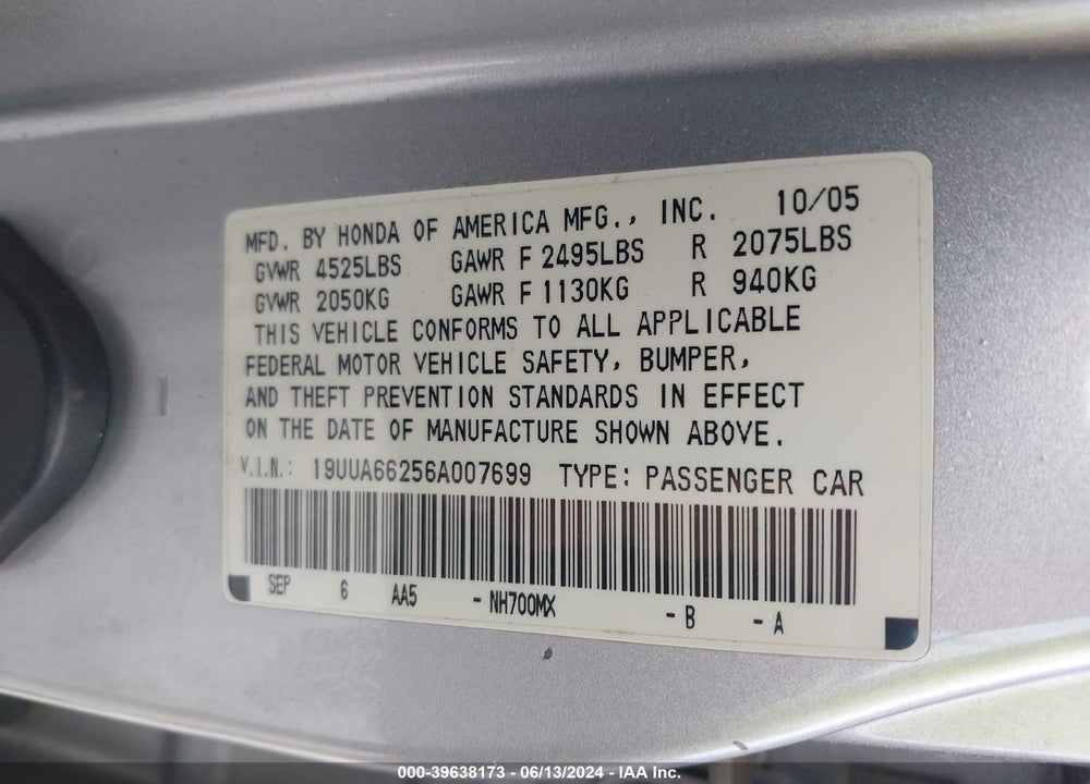 2006 ACURA TL VIN: 19UUA66256A007699