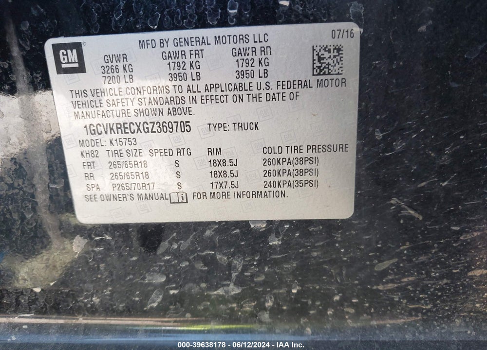 2016 CHEVROLET SILVERADO 1500 2LT VIN: 1GCVKRECXGZ369705