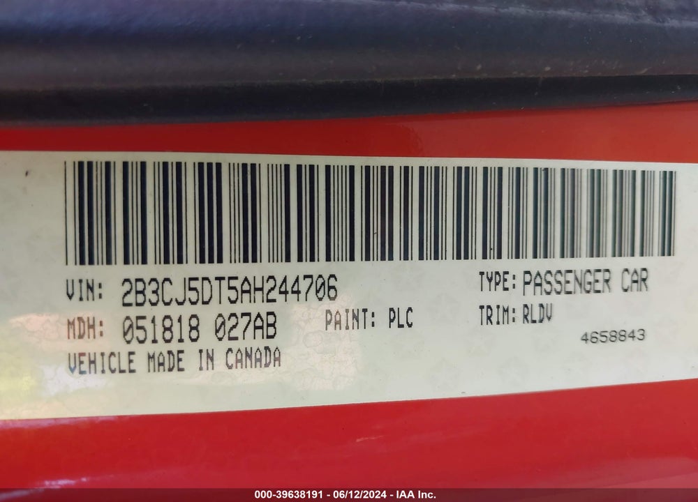 2010 DODGE CHALLENGER R/T VIN: 2B3CJ5DT5AH244706
