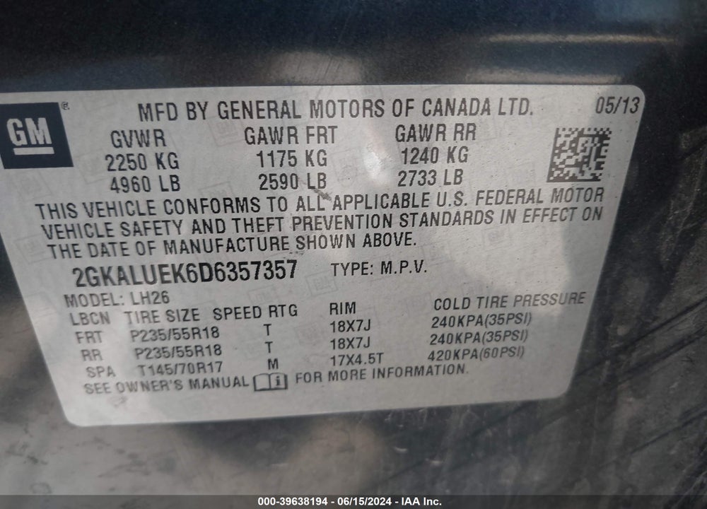 2013 GMC TERRAIN SLT-1 VIN: 2GKALUEK6D6357357