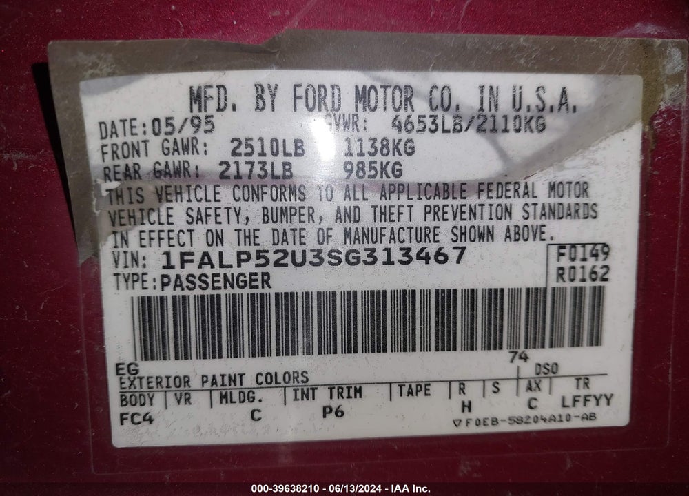 1995 FORD TAURUS GL/SE VIN: 1FALP52U3SG313467