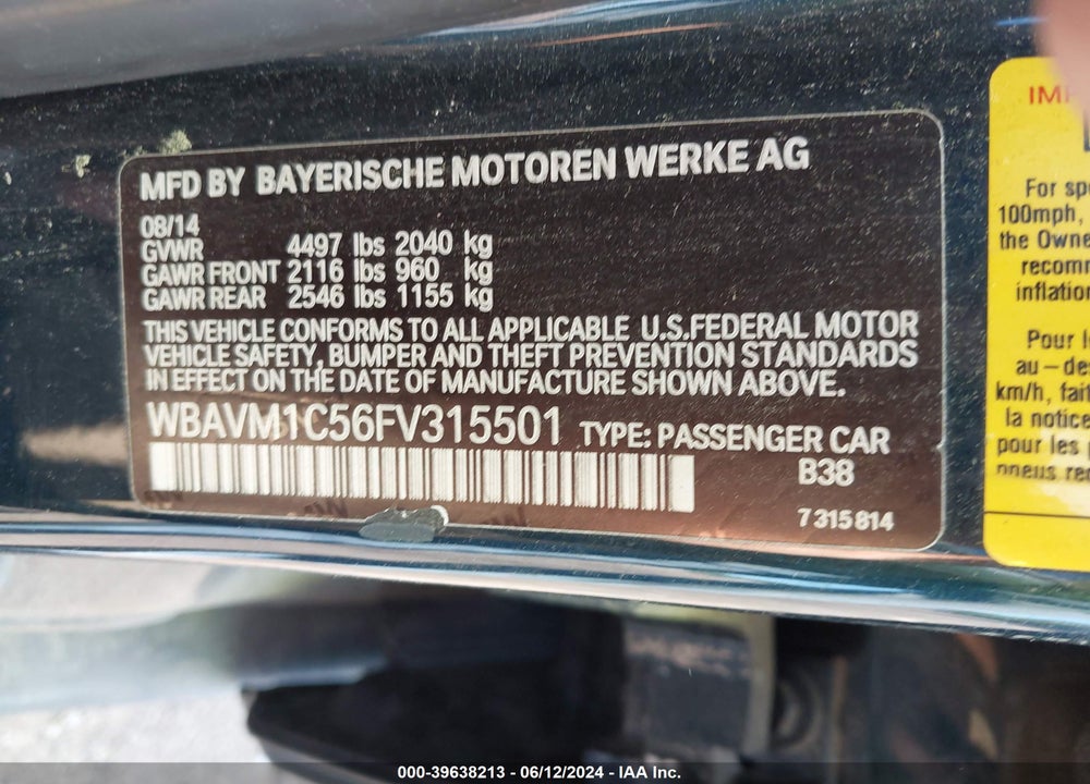 2015 BMW X1 SDRIVE28I VIN: WBAVM1C56FV315501