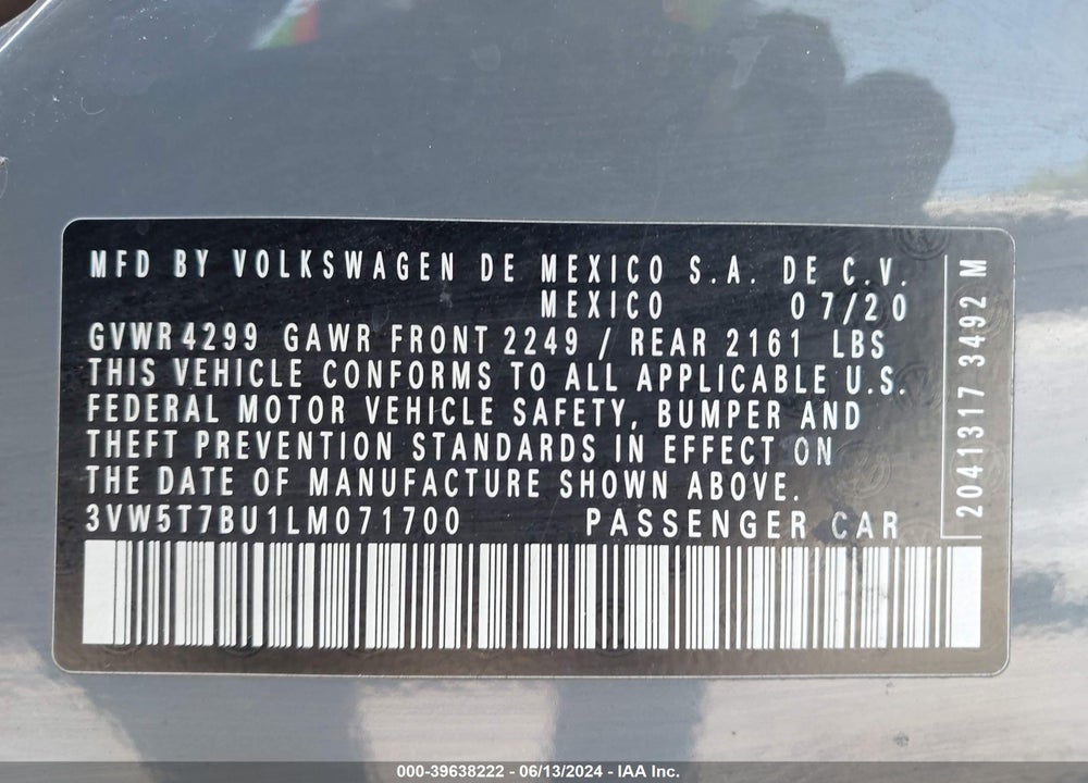 2020 VOLKSWAGEN JETTA GLI 2.0T AUTOBAHN/2.0T S VIN: 3VW5T7BU1LM071700
