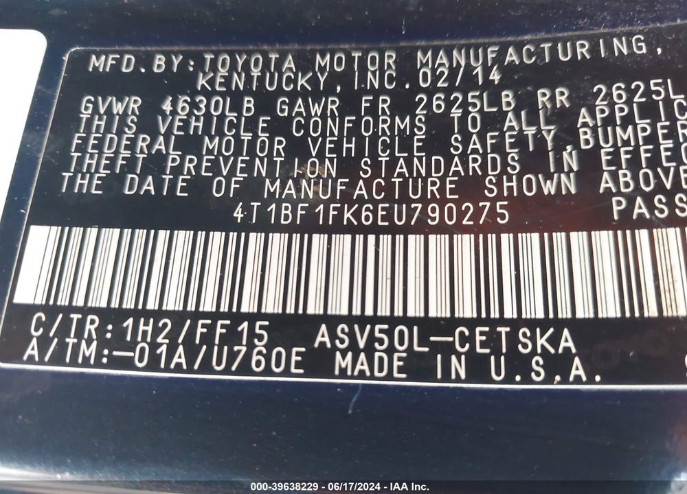 2014 TOYOTA CAMRY SE VIN: 4T1BF1FK6EU790275