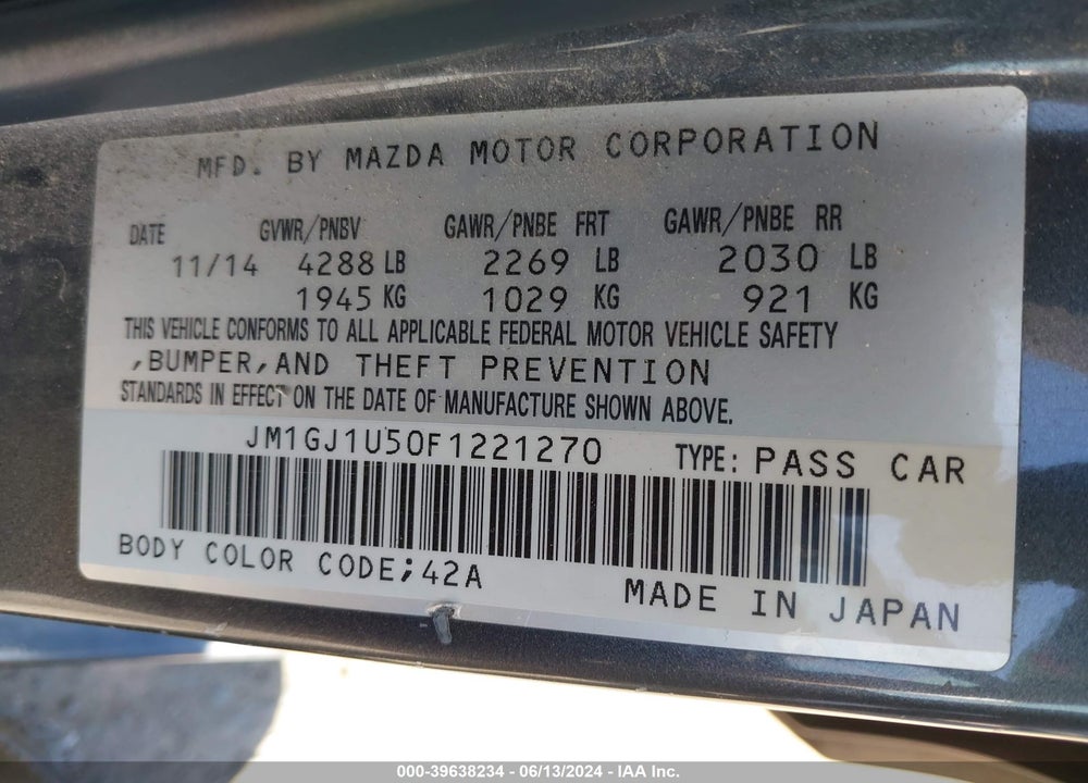 2015 MAZDA 6 I SPORT VIN: JM1GJ1U50F1221270