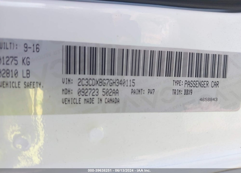 2016 DODGE CHARGER SE VIN: 2C3CDXBG7GH340115